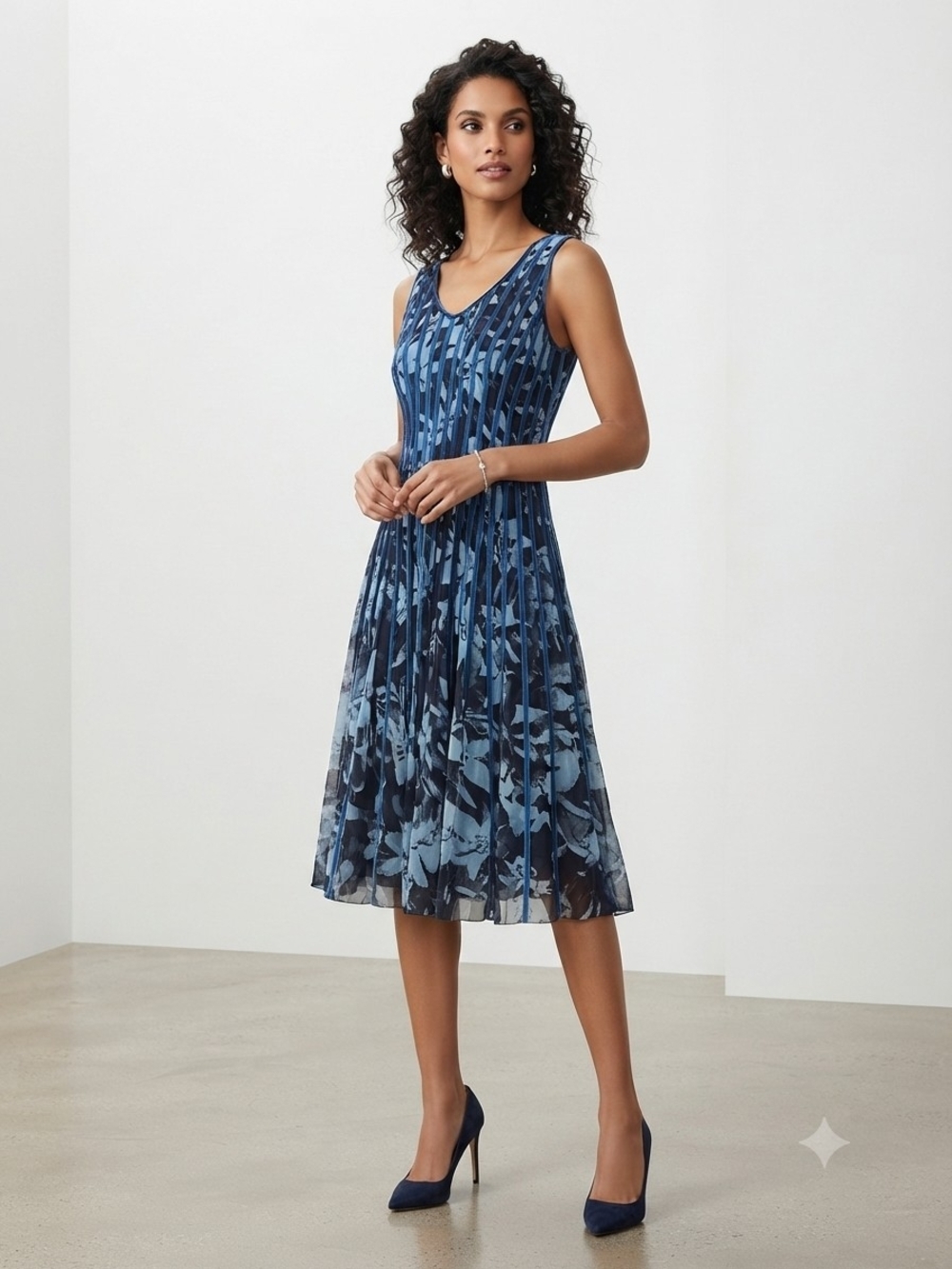 Blue Floral Pleated Midi Dress